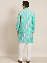SOJANYA Lelaki Turquoise Biru & Putih Motif Etnik Bersulam Kurta dengan Churidar & Jaket