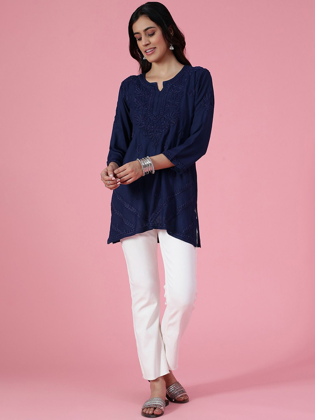 House of Chikankari Women Navy Blue Rayon Chikankari Sulam Kurti