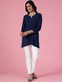 House of Chikankari Women Navy Blue Rayon Chikankari Sulam Kurti