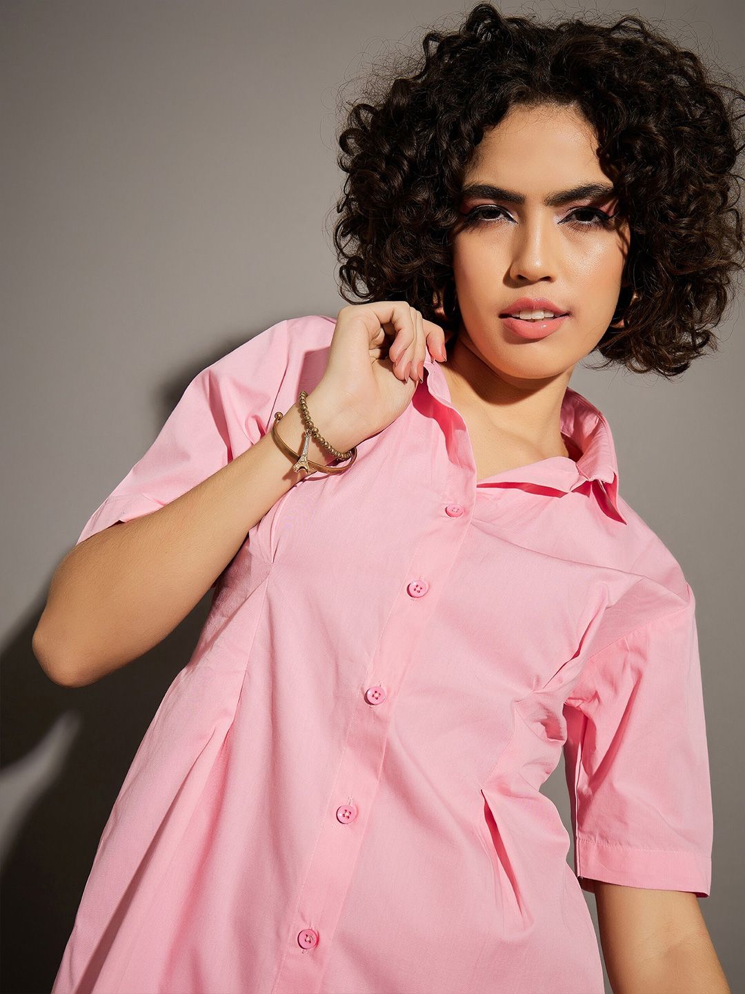 SASSAFRAS Pink Shirt Collar Cotton Shirt Mini Dress