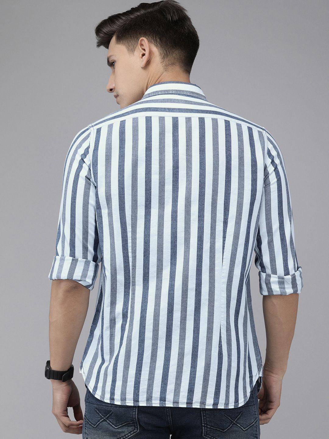 THE BEAR HOUSE Men Blue Slim Fit Cotton Striped Casual Shirt
