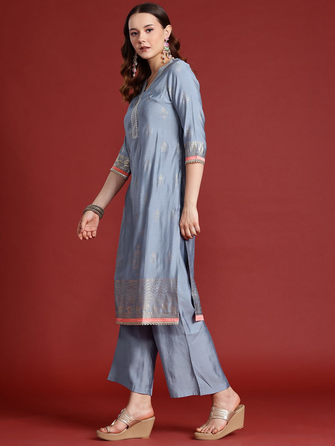 Anouk Printed Thread Work Kurta with Palazzos &  Dupatta