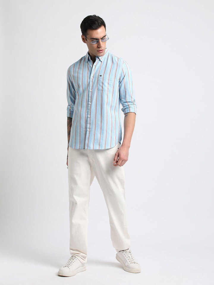 THE BEAR HOUSE Slim Fit Striped Spread Collar Cotton Casual Shirt