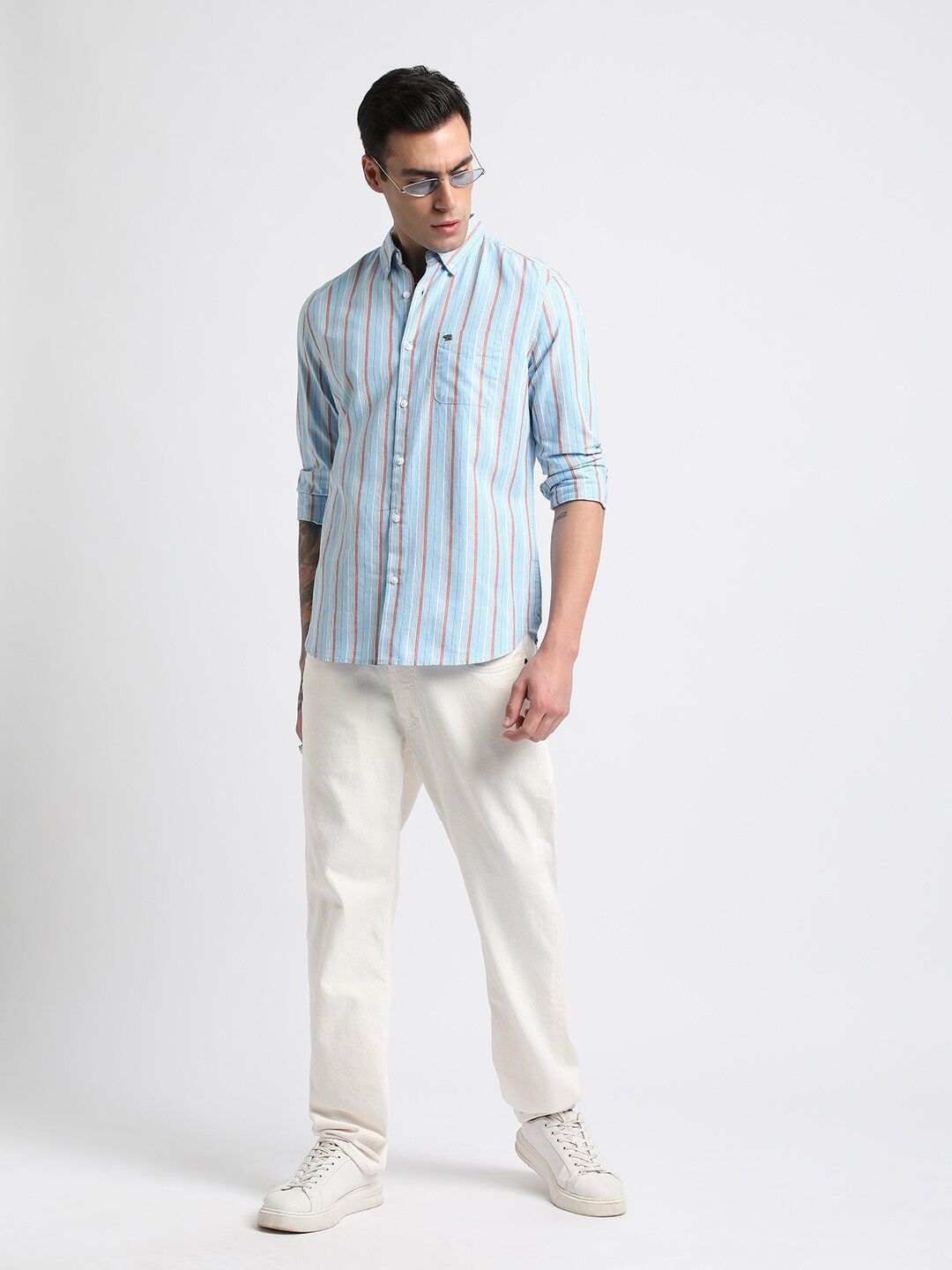THE BEAR HOUSE Slim Fit Striped Spread Collar Cotton Casual Shirt