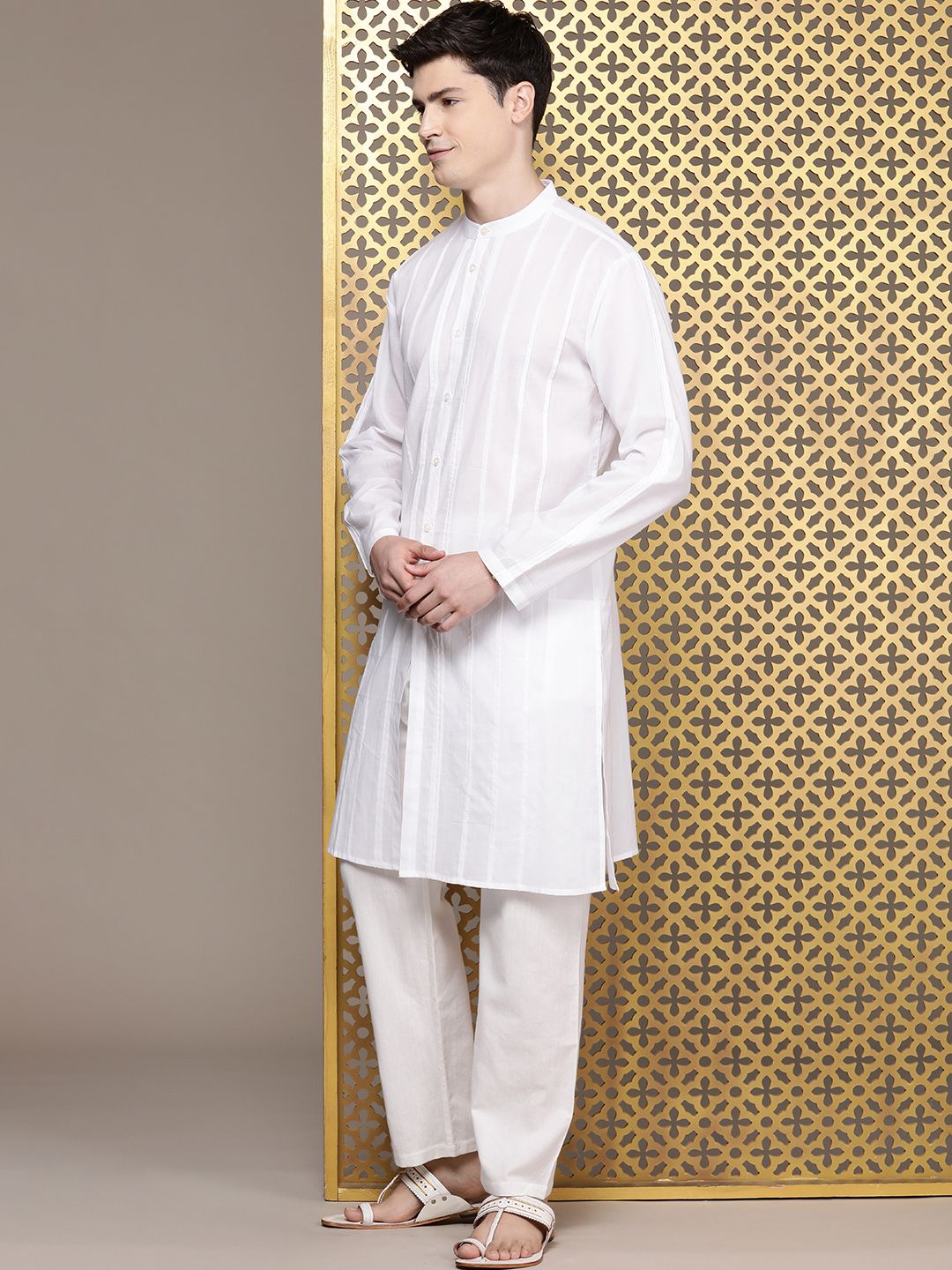 House of Pataudi Solid Pleated-Detail Thread Work Jashn Pure Cotton Kurta