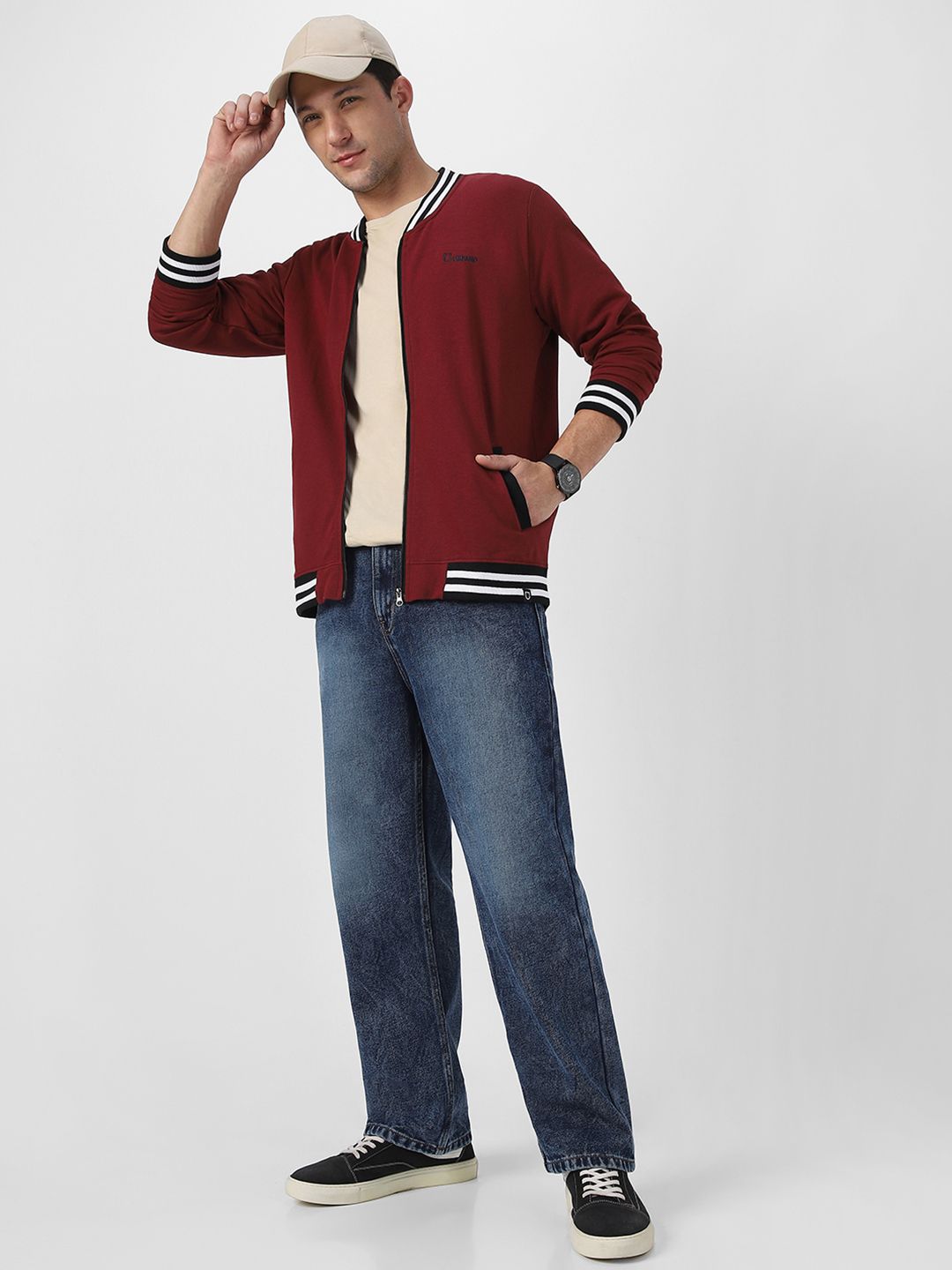 Urbano Fashion Men Cotton Zippered Varsity Jacket