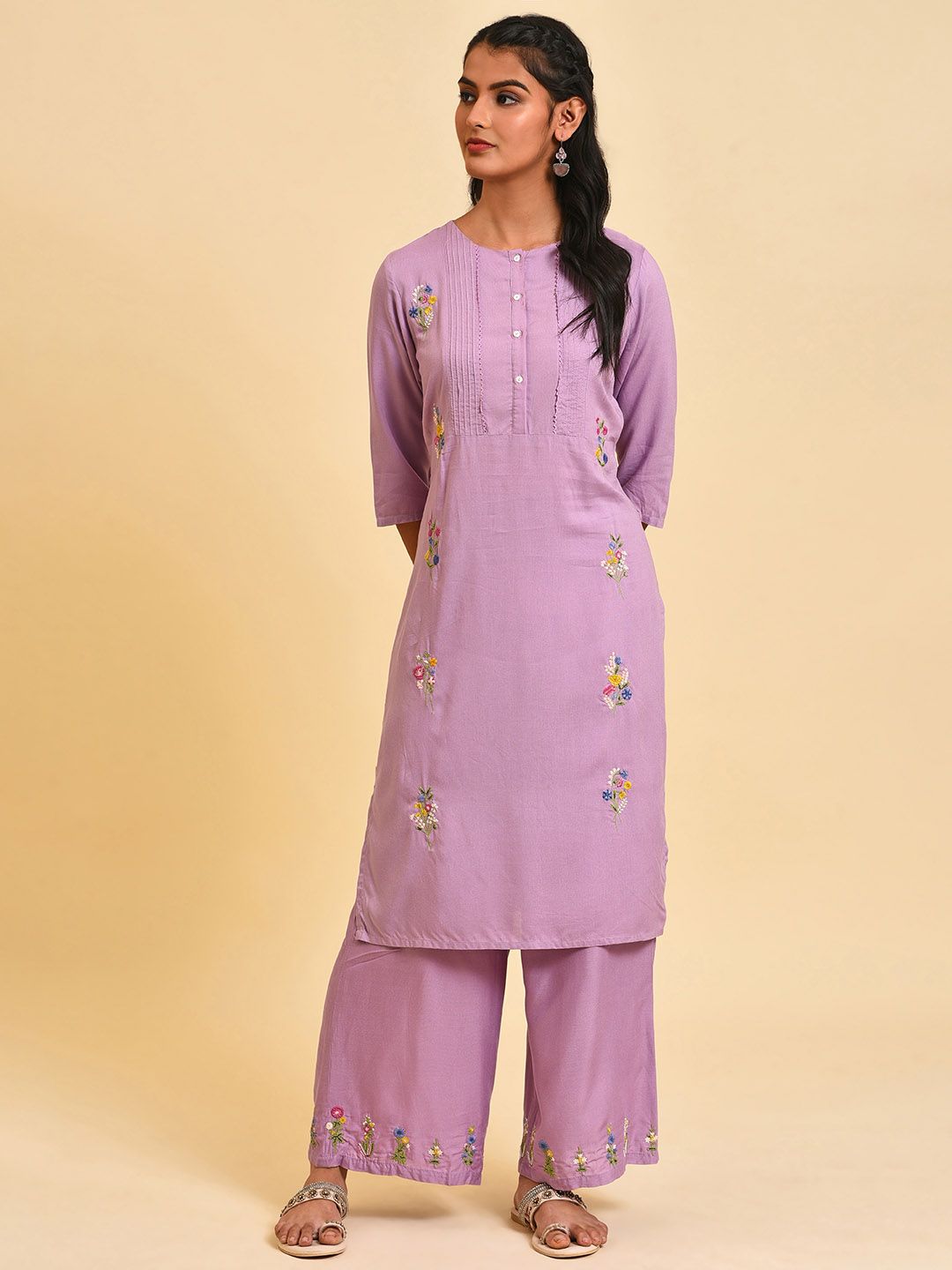 W Floral Embroidered Straight Kurta with Palazzos