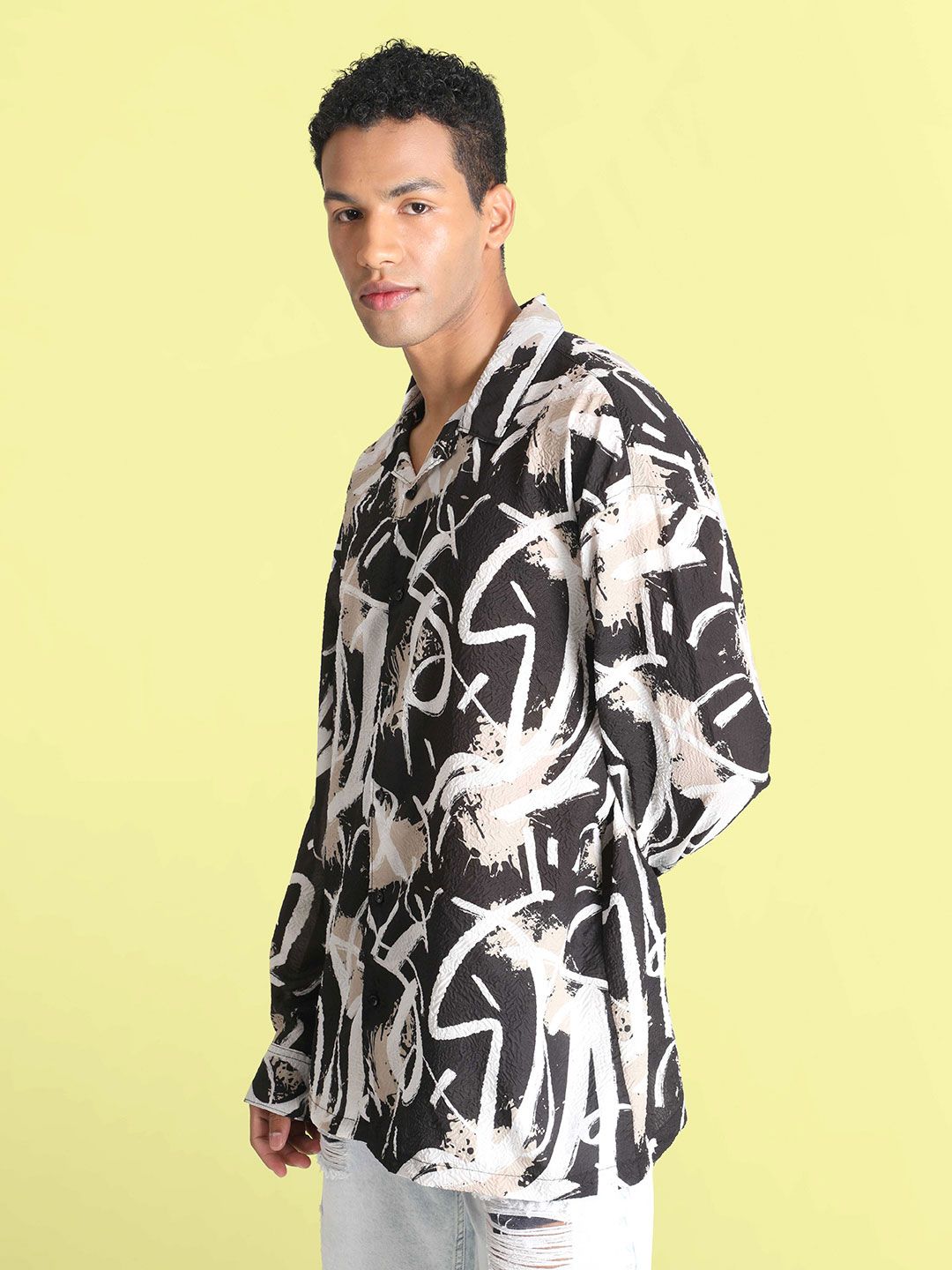 Bene Kleed Men Classic Cuban Collar Abstract Printed Oversized Casual Shirt