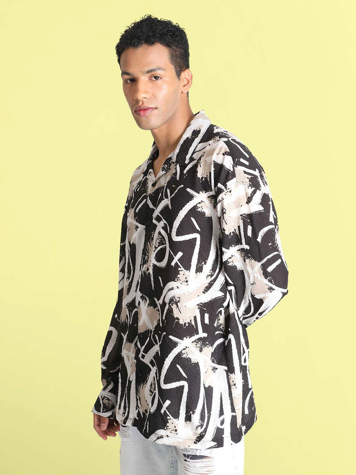 Bene Kleed Men Classic Cuban Collar Abstract Printed Oversized Casual Shirt