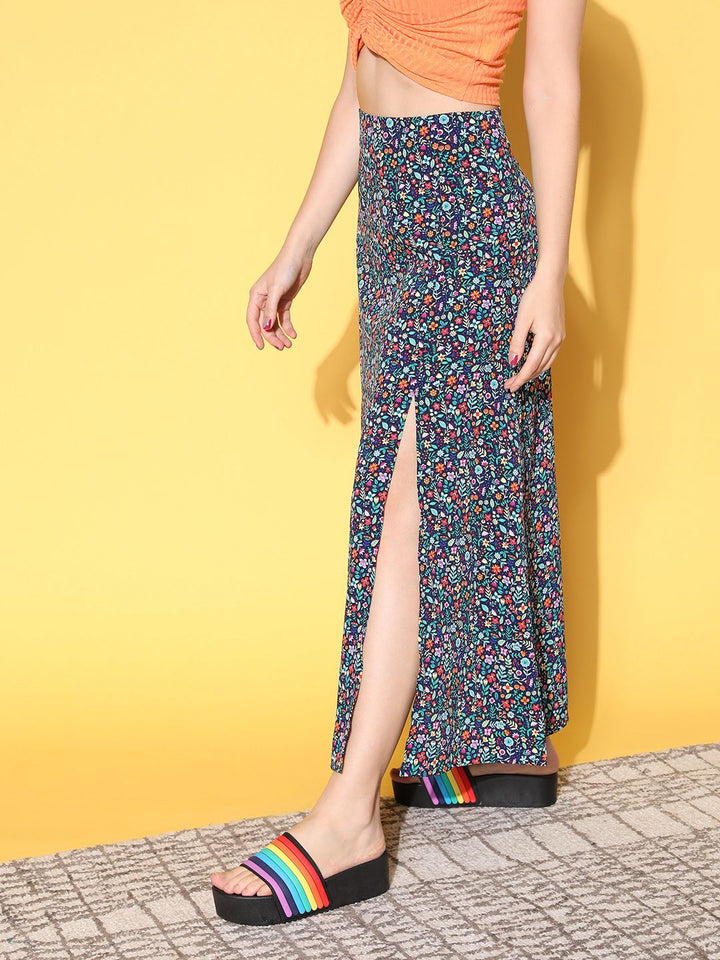 Berrylush Deep Navy Blue Floral Peekaboo Slit Skirt