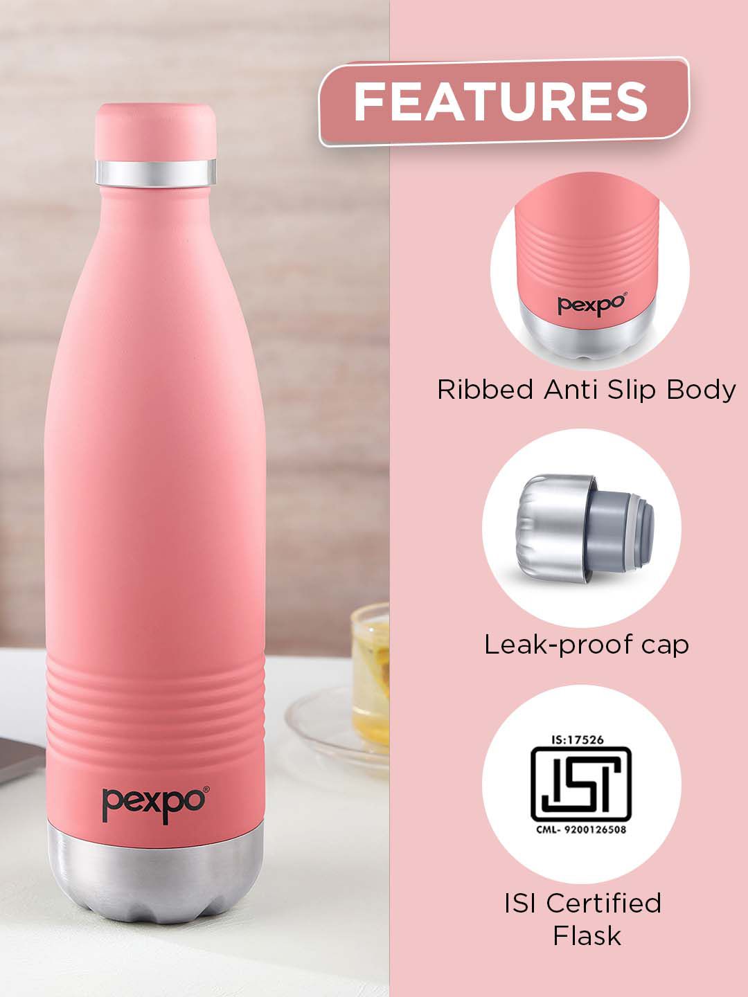 Pexpo Echo Delux Pink ISI Certified Thermosteel Hot and Cold Flask Water Bottle 980ml