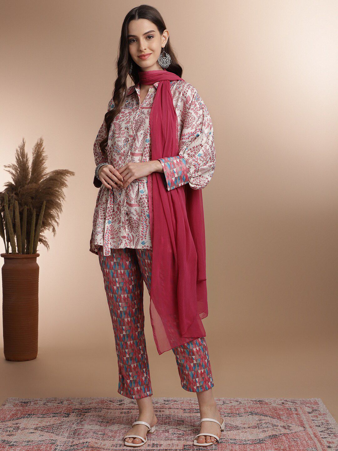 Anouk Floral Printed Top & Trousers With Dupatta