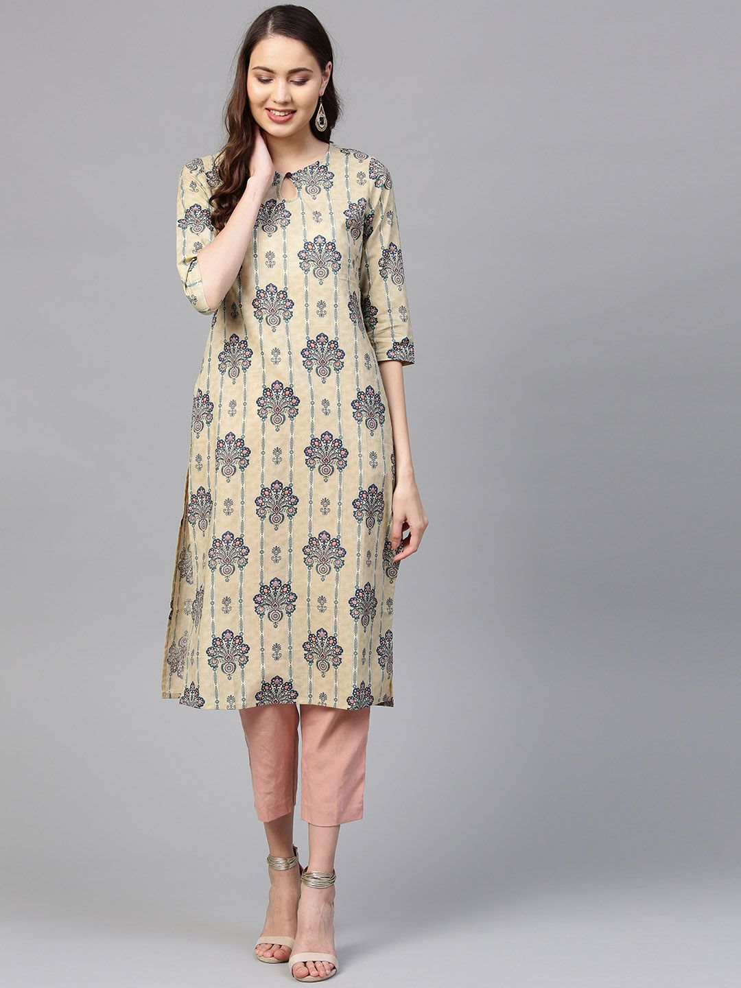 SOJANYA Women Beige & Green Printed Straight Kurta