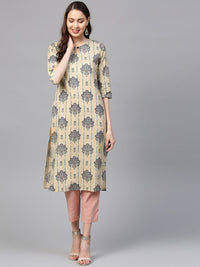SOJANYA Women Beige & Green Printed Straight Kurta