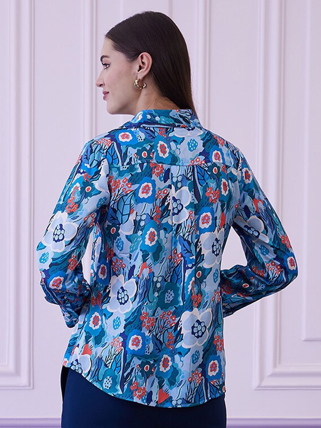 Athena Blue Floral Printed Shirt Style Top