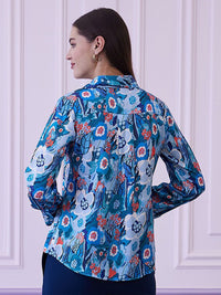 Athena Blue Floral Printed Shirt Style Top