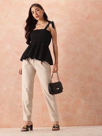 all about you Smocked Effect Tie-Up Detail Shoulder Straps Pure Cotton Peplum Top
