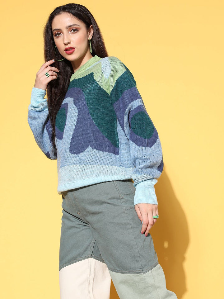Berrylush Women Attractive Blue Abstract Knits Bits Sweater