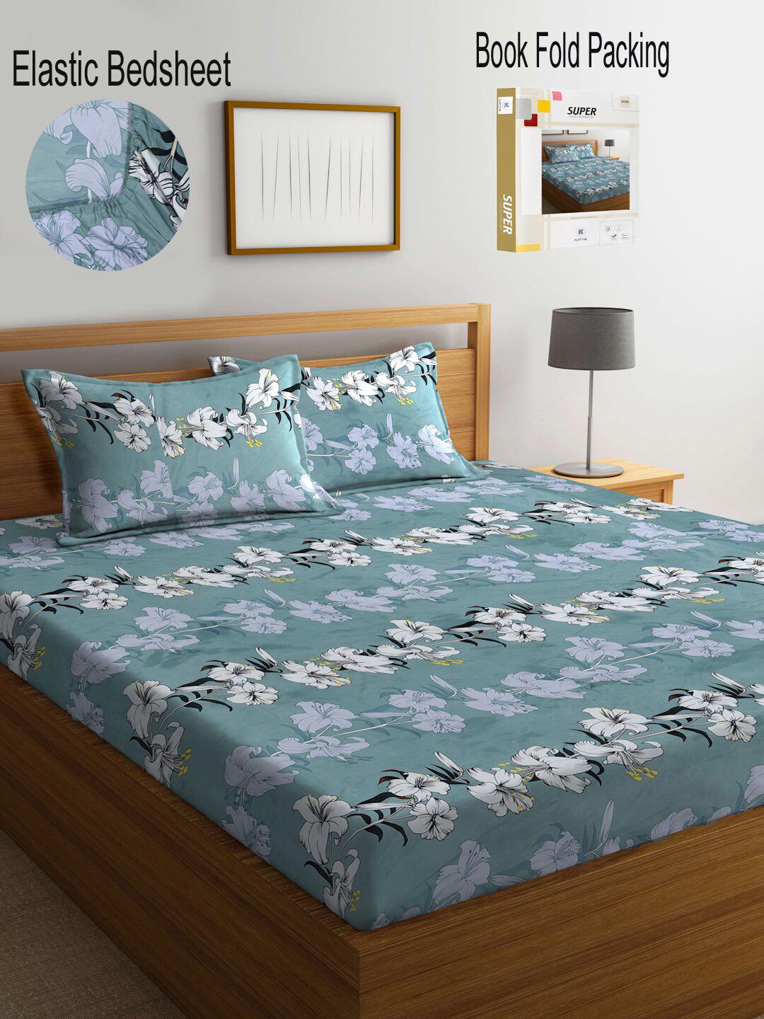KLOTTHE Green & Grey Floral 300 TC Fitted Super King Bedsheet with 2 Pillow Covers