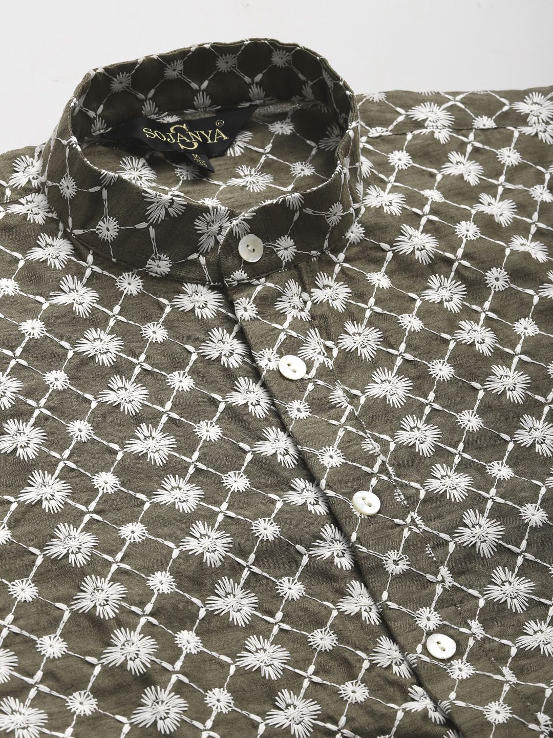SOJANYA Men Olive Green Chikankari Embroidered Kurta with Churidar & Nehru Jacket