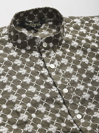 SOJANYA Men Olive Green Chikankari Embroidered Kurta with Churidar & Nehru Jacket