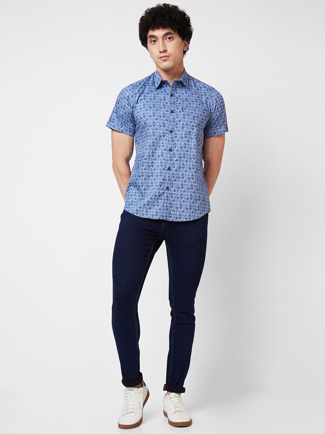 SPYKAR Spread Collar Short Sleeves Geometric Printed Cotton Casual Shirt