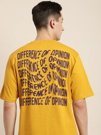 Difference of Opinion Men Mustard Yellow & Coffee Brown Back Print Oversized Cotton Tshirt