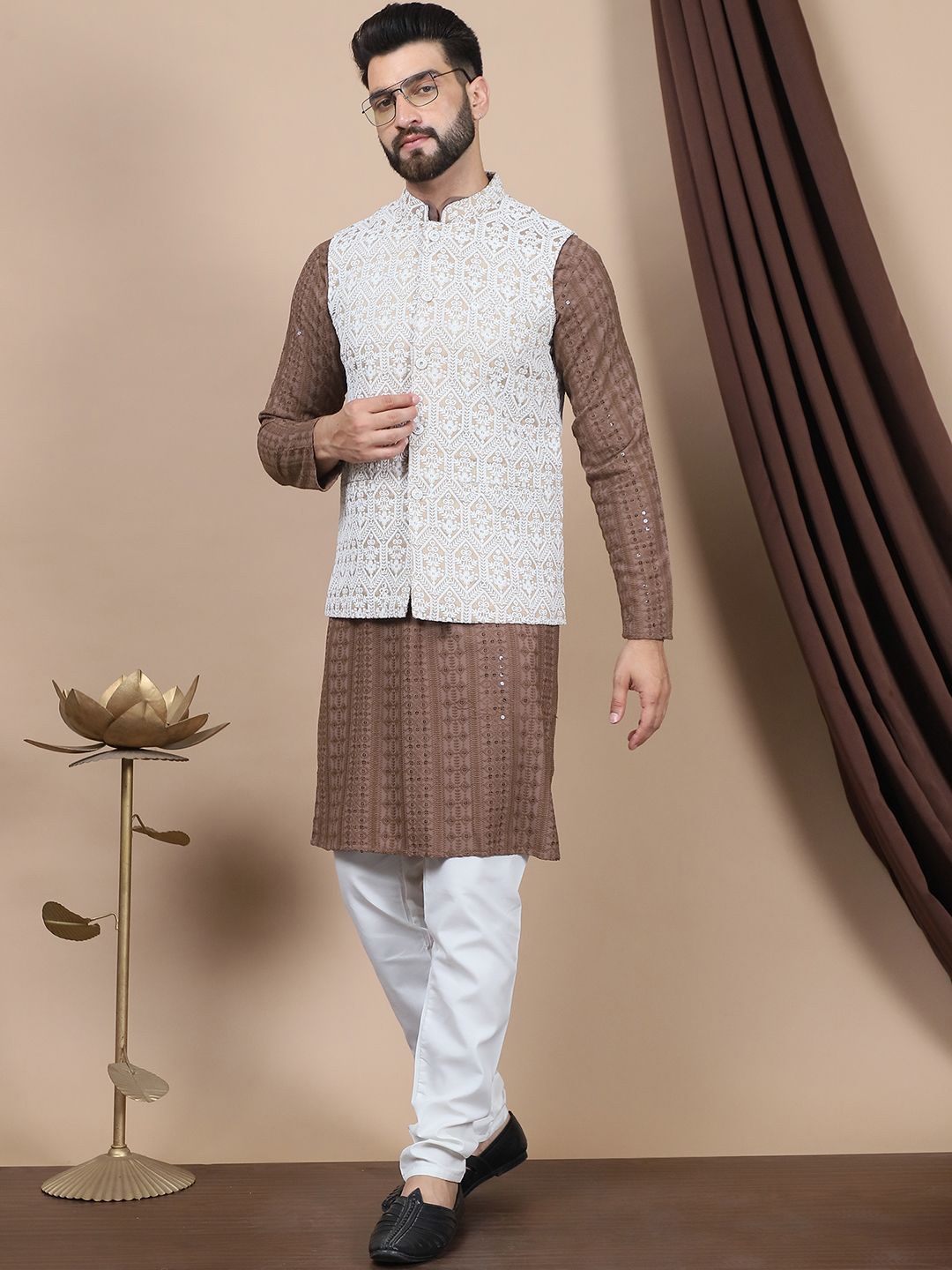 Anouk Brown Floral Embroidered Straight Thread Work Pure Cotton Kurta with Churidar