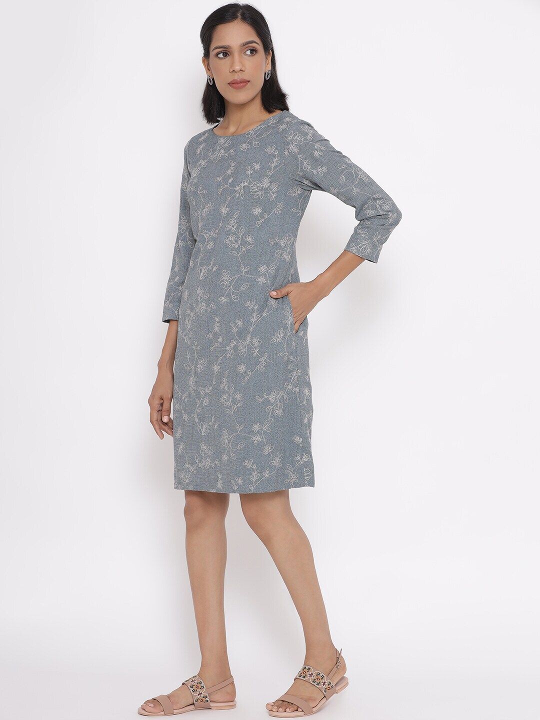 W Women Grey Floral Organic Cotton Floral A-Line Dress