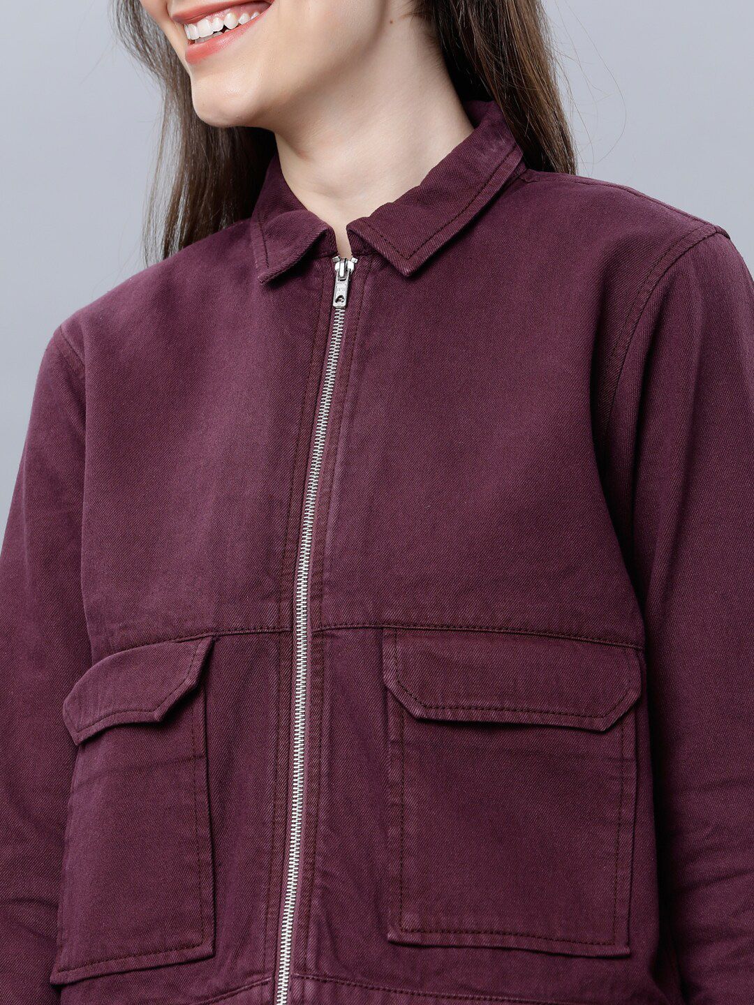 Tokyo Talkies Women Burgundy Solid Denim Jacket
