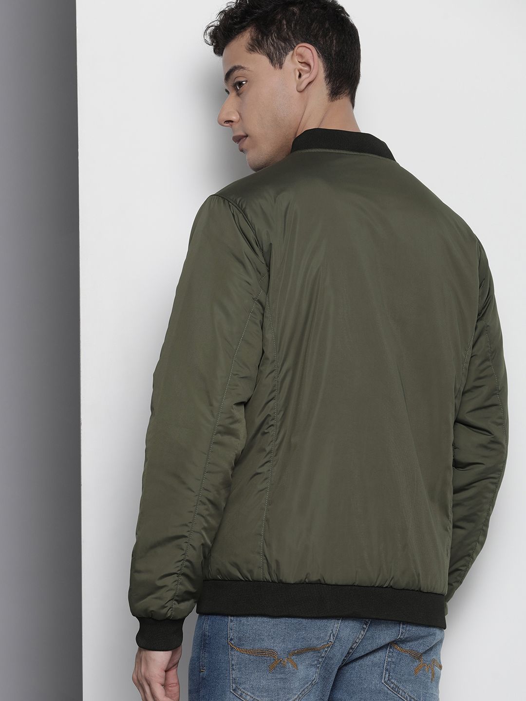 The Indian Garage Co Men Slim Fit Zip-Front Bomber Jacket with Zip Pockets
