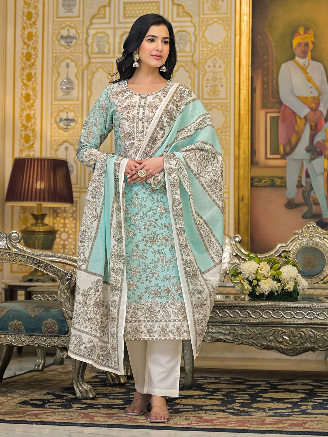 Varanga Women Floral Printed Regular Beads and Stones Pure Cotton Kurta with Trousers & With Dupatta