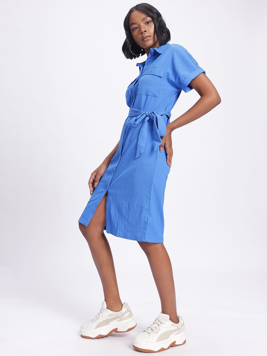 DressBerry Textured Belted Shirt Style Dress