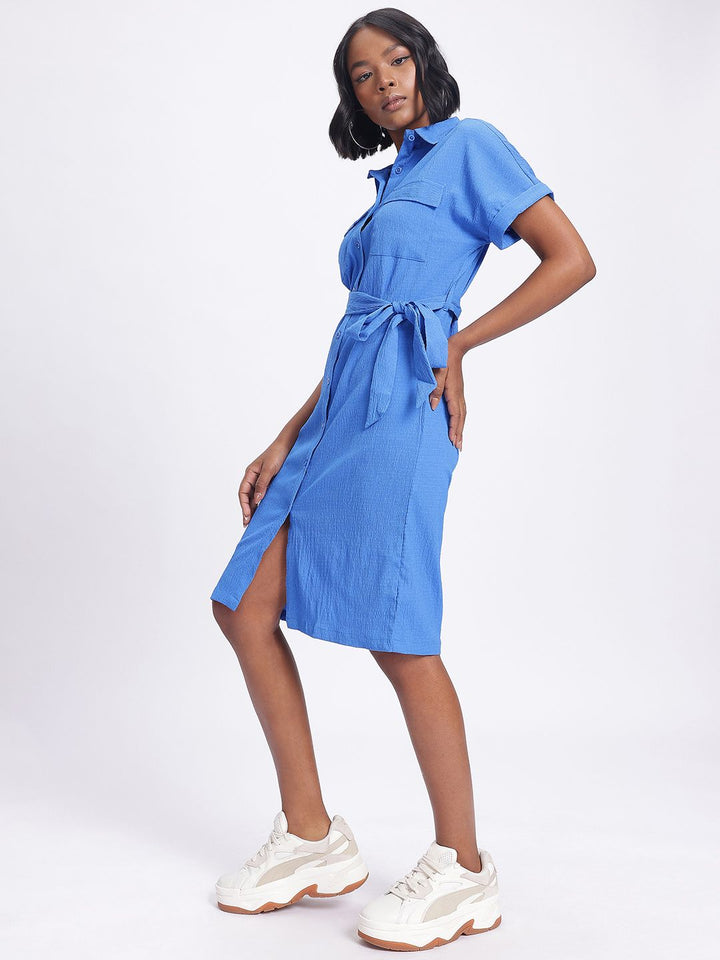 DressBerry Textured Belted Shirt Style Dress