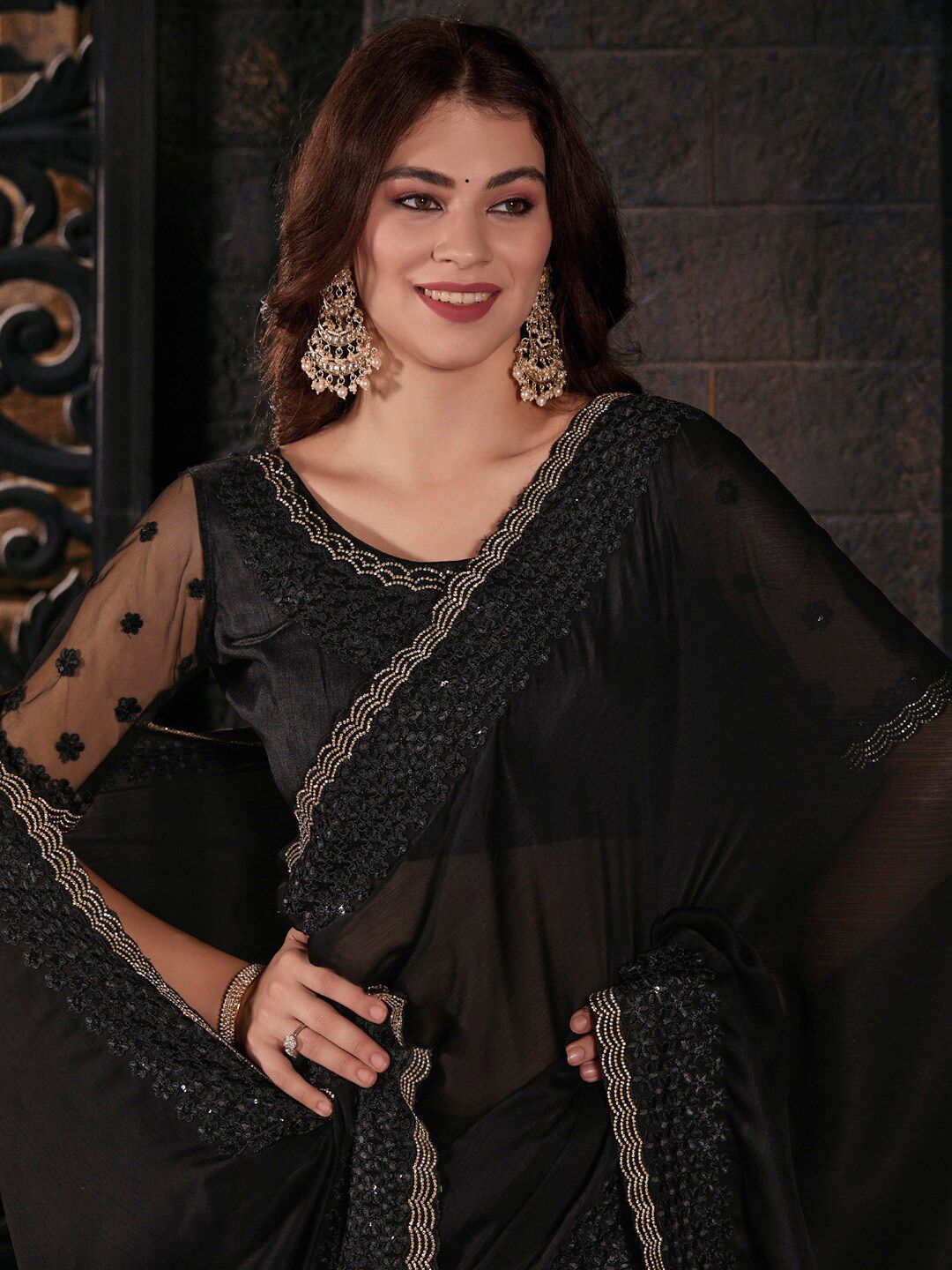 Saree mall Beads and Stones Poly Chiffon Sarees