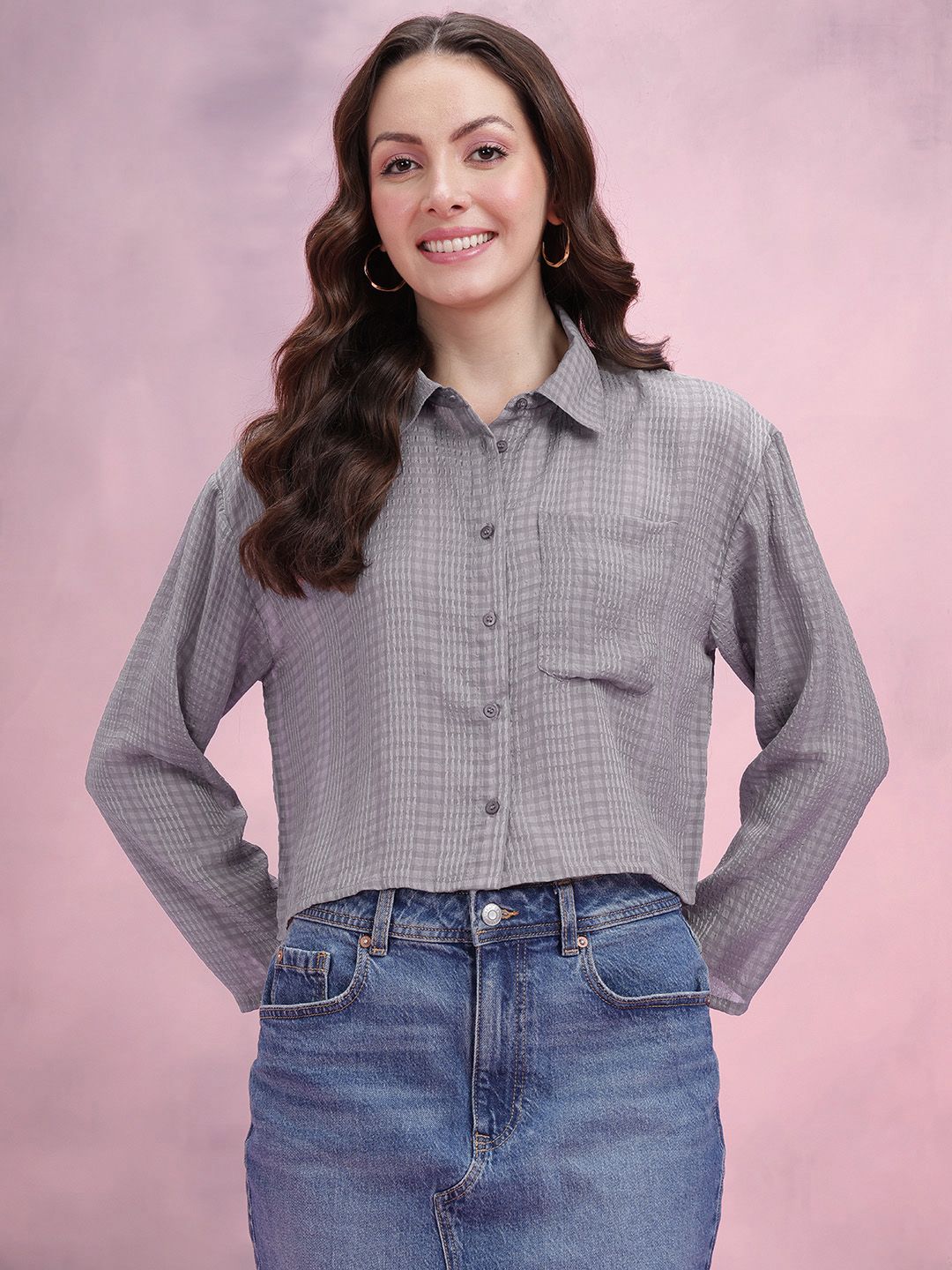 DressBerry Seersucker Checked Boxy Casual Shirt