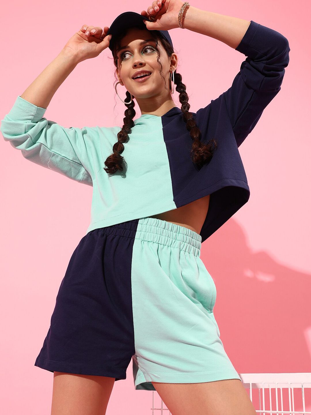 STREET 9 Women Navy Blue Colourblocked Cotton Co-Ords