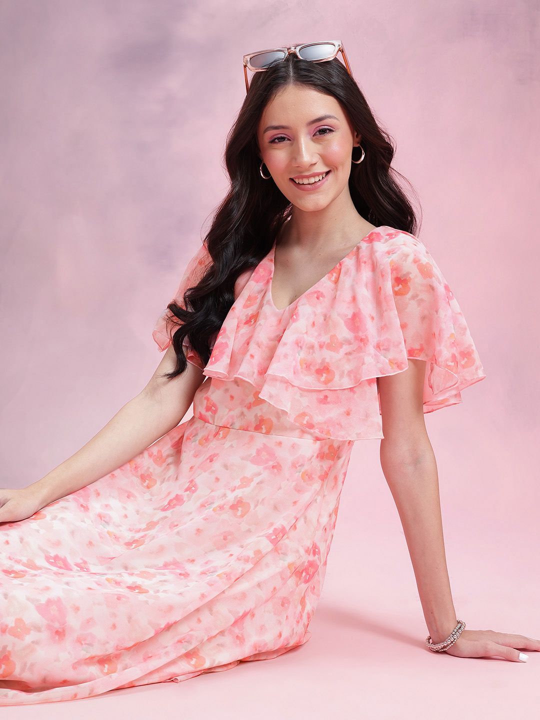 DressBerry Floral Print Flutter Sleeves Ruffled Detail Georgette Maxi A-Line Dress