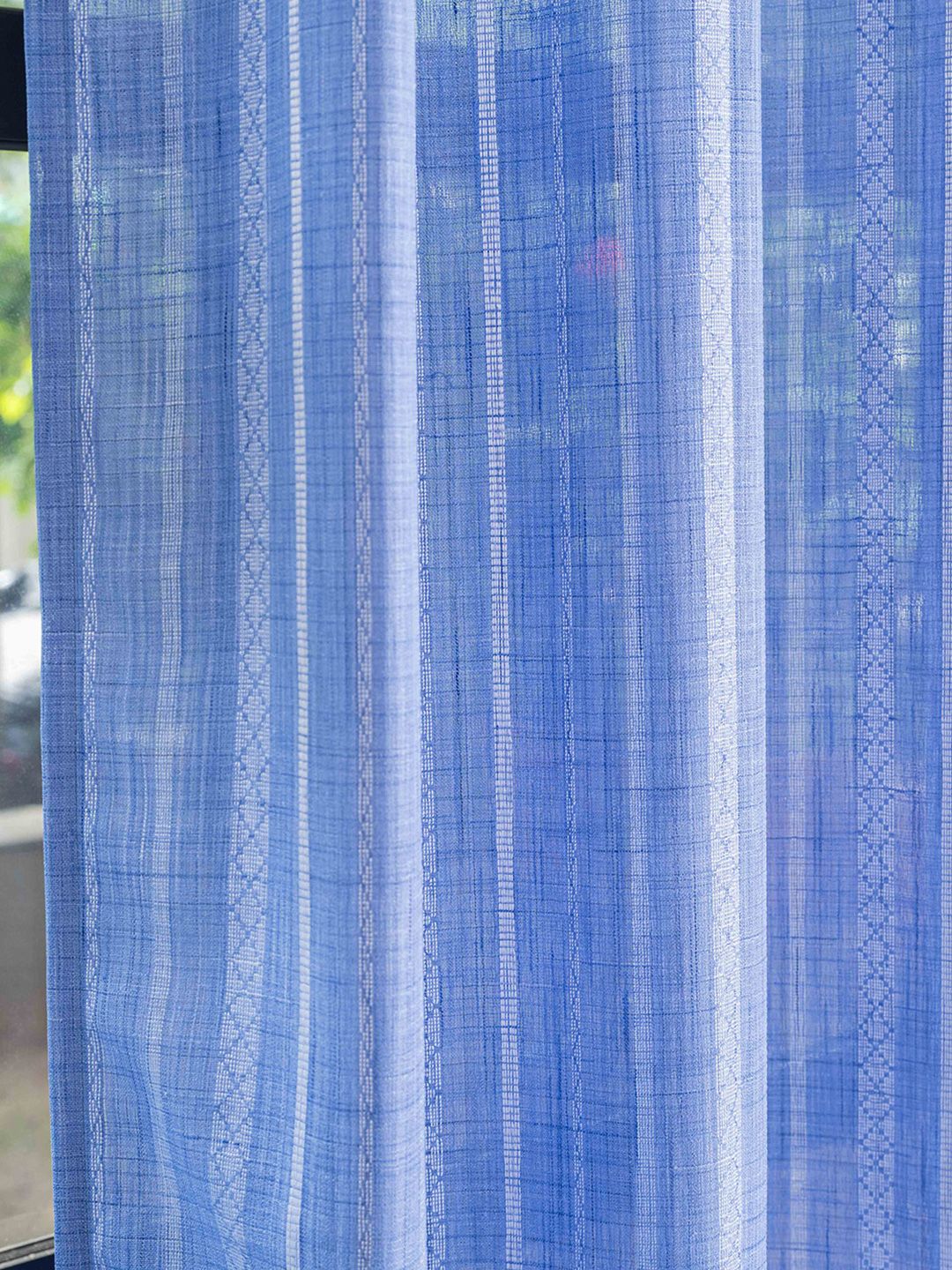 URBAN SPACE Blue & White 2 Pieces Striped Sheer Window Curtain