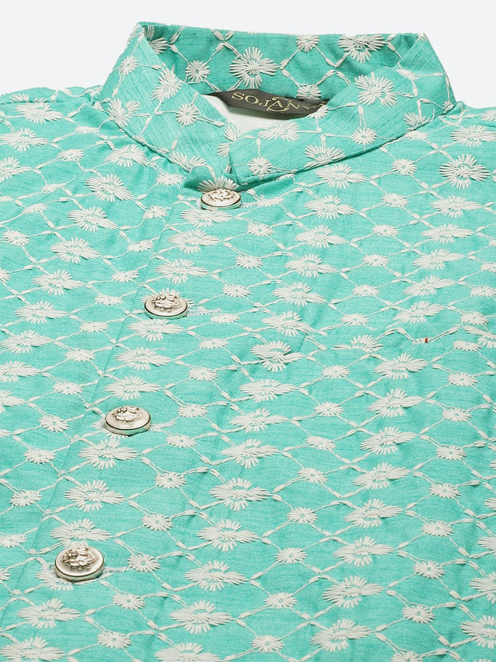 SOJANYA Lelaki Turquoise Biru & Putih Motif Etnik Bersulam Kurta dengan Churidar & Jaket