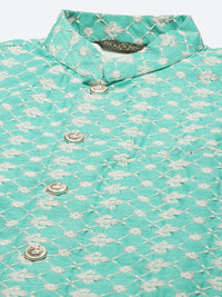 SOJANYA Lelaki Turquoise Biru & Putih Motif Etnik Bersulam Kurta dengan Churidar & Jaket