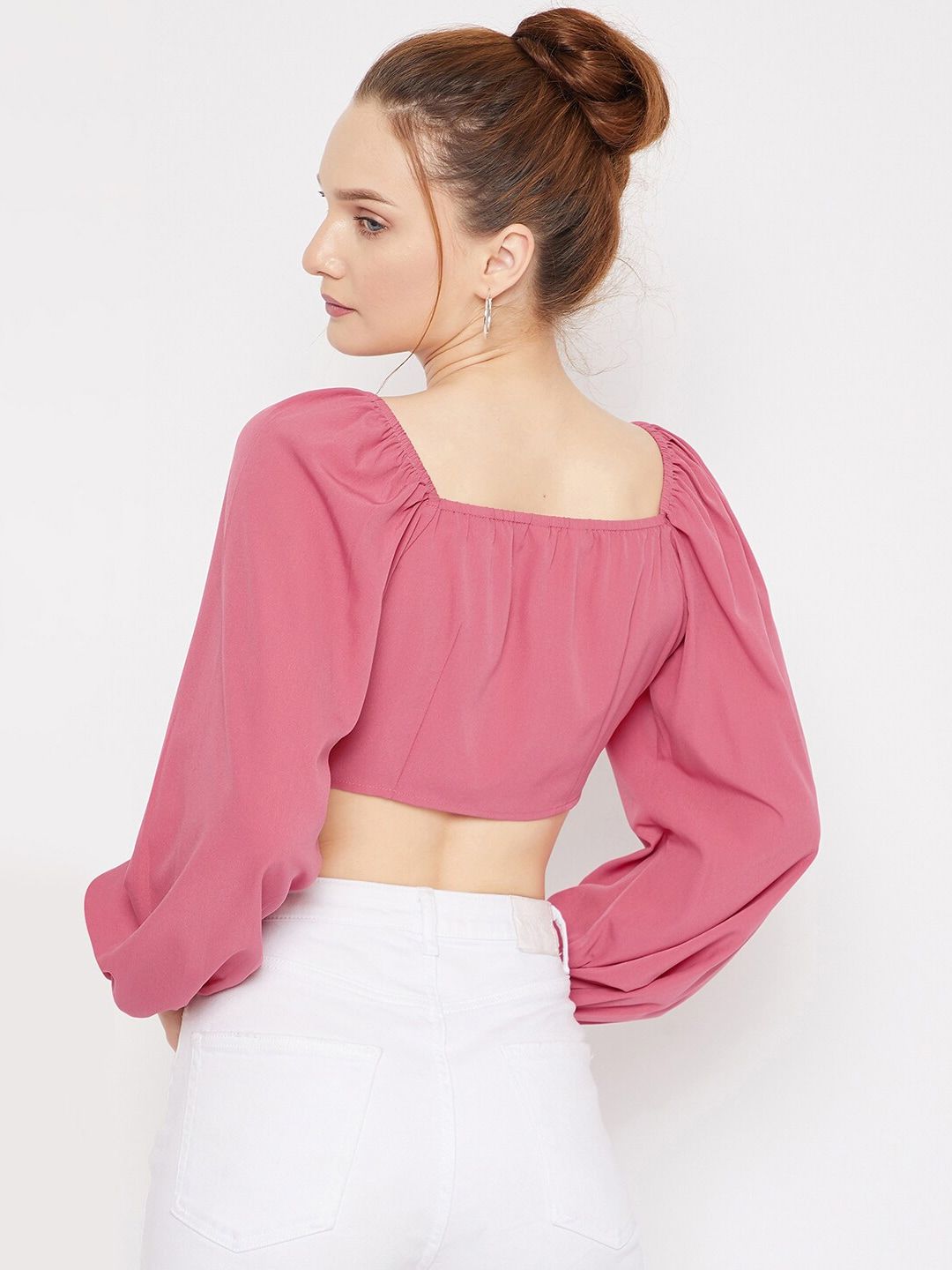 Berrylush Pink Sweetheart Neck Crepe Crop Top