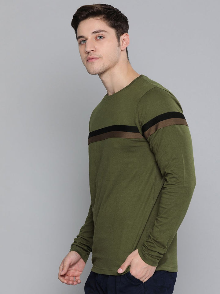DILLINGER Men Olive Green  Black Striped Cotton Pure Cotton T-shirt