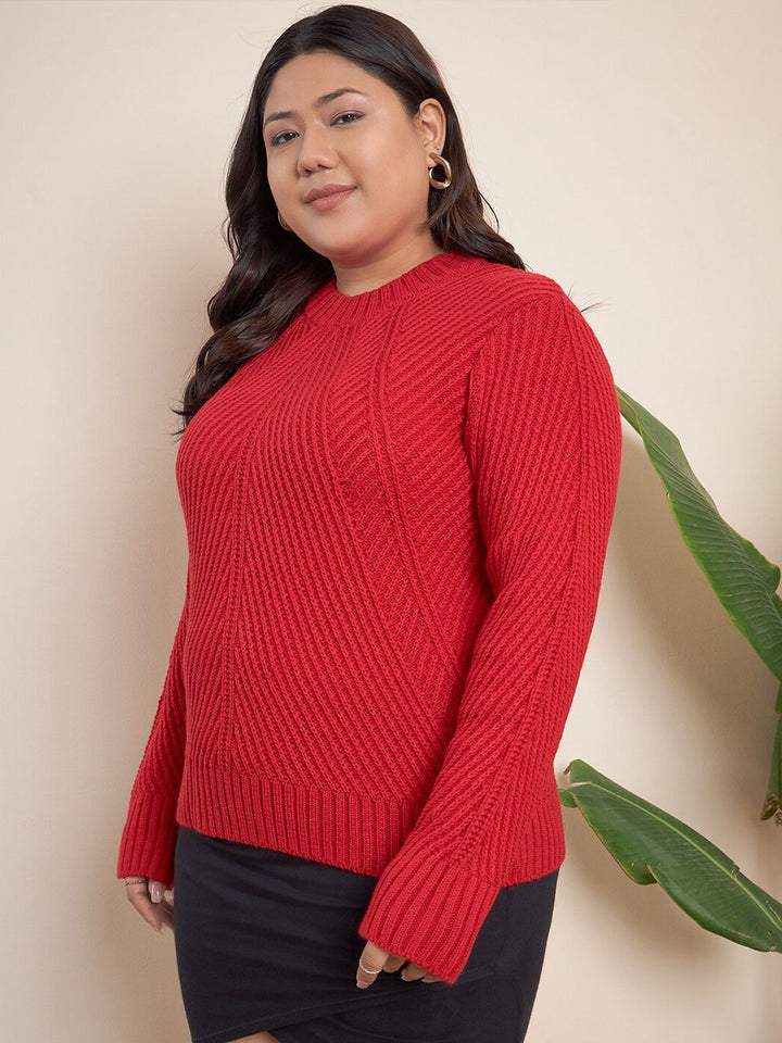 CURVY STREET Plus Size Geometric Self Design Pure Acrylic Pullover