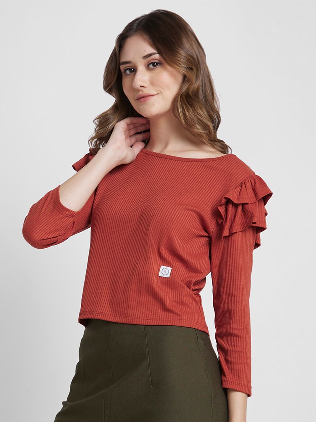 SPYKAR Self Design Boat Neck Ruffles Detail Cotton Top