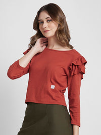 SPYKAR Self Design Boat Neck Ruffles Detail Cotton Top