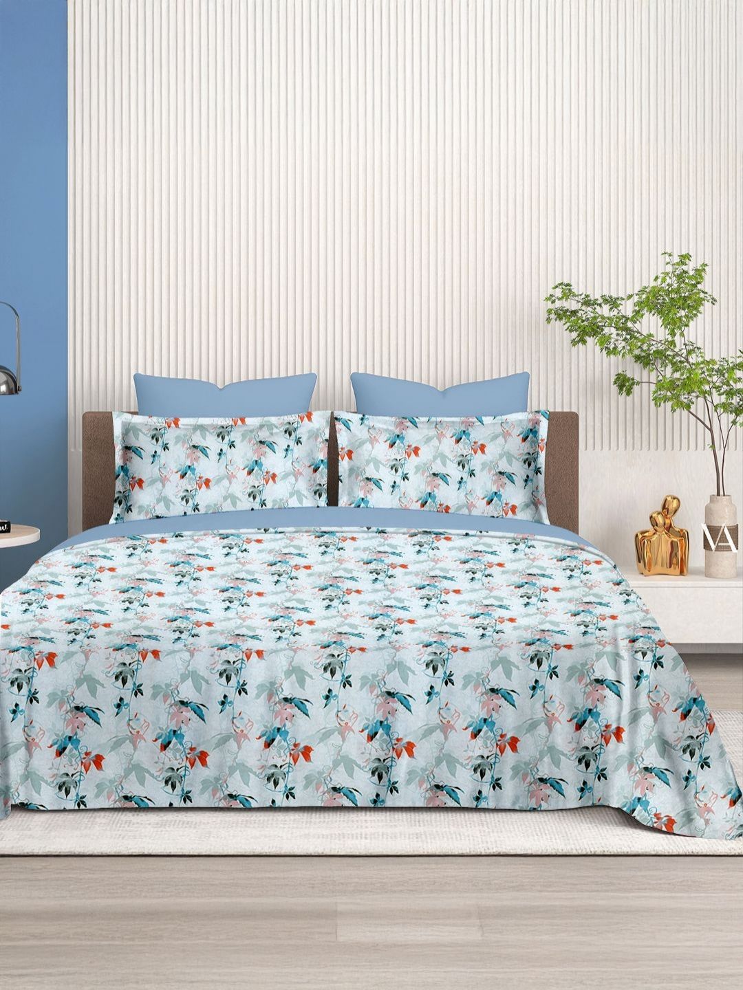 Cortina Glazed Cotton Blue Floral 140 TC King Bedsheet with 2 Pillow Covers