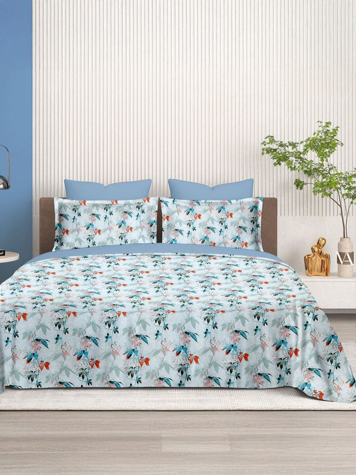Cortina Glazed Cotton Blue Floral 140 TC King Bedsheet with 2 Pillow Covers