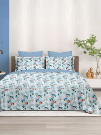 Cortina Glazed Cotton Blue Floral 140 TC King Bedsheet with 2 Pillow Covers