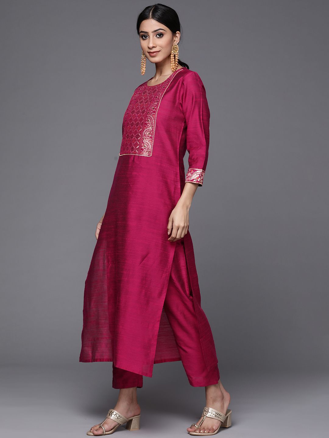 Varanga Brocade Yoke with Gota Detail Kurta with Trouser with Bandhani Printed Dupatta
